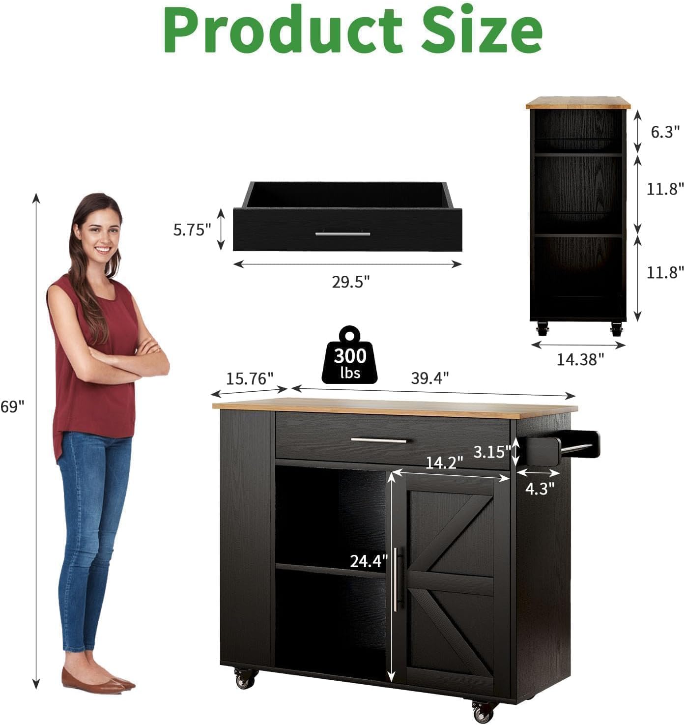 4 EVER WINNER 39" Rolling Kitchen Island with Storage and Drawer, Farmhouse Kitchen Island on Wheels with 3-Tier Spice Rack, Adjustable Shelf & Towel Rack, Mobile Kitchen Cart for Small Space, Black