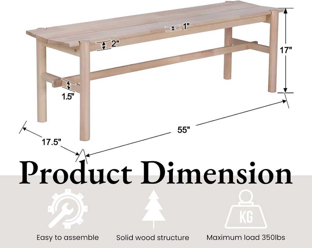 EALSON Solid Wood Bench Modern Farmhouse Entryway Bench 55” Long Dining Benches Seat End of Bed Benches for Bedroom, Kitchen, Hallway, Living Room, White Wash