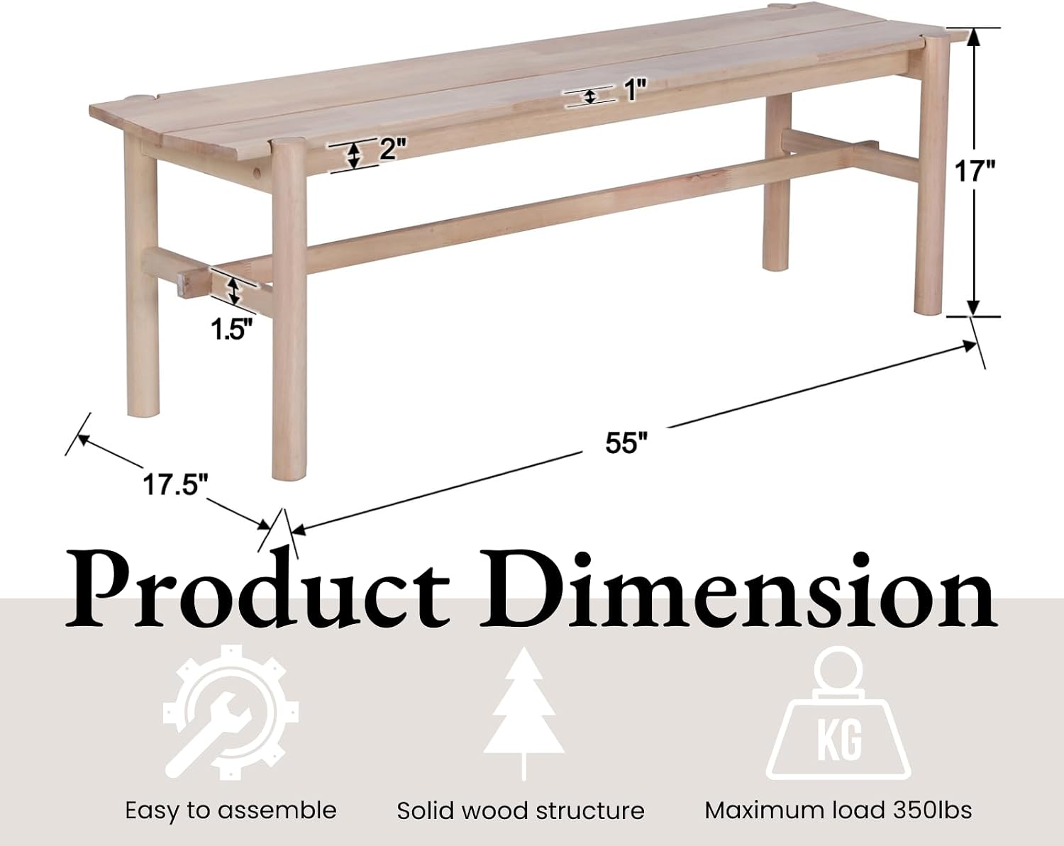 EALSON Solid Wood Bench Modern Farmhouse Entryway Bench 55” Long Dining Benches Seat End of Bed Benches for Bedroom, Kitchen, Hallway, Living Room, White Wash