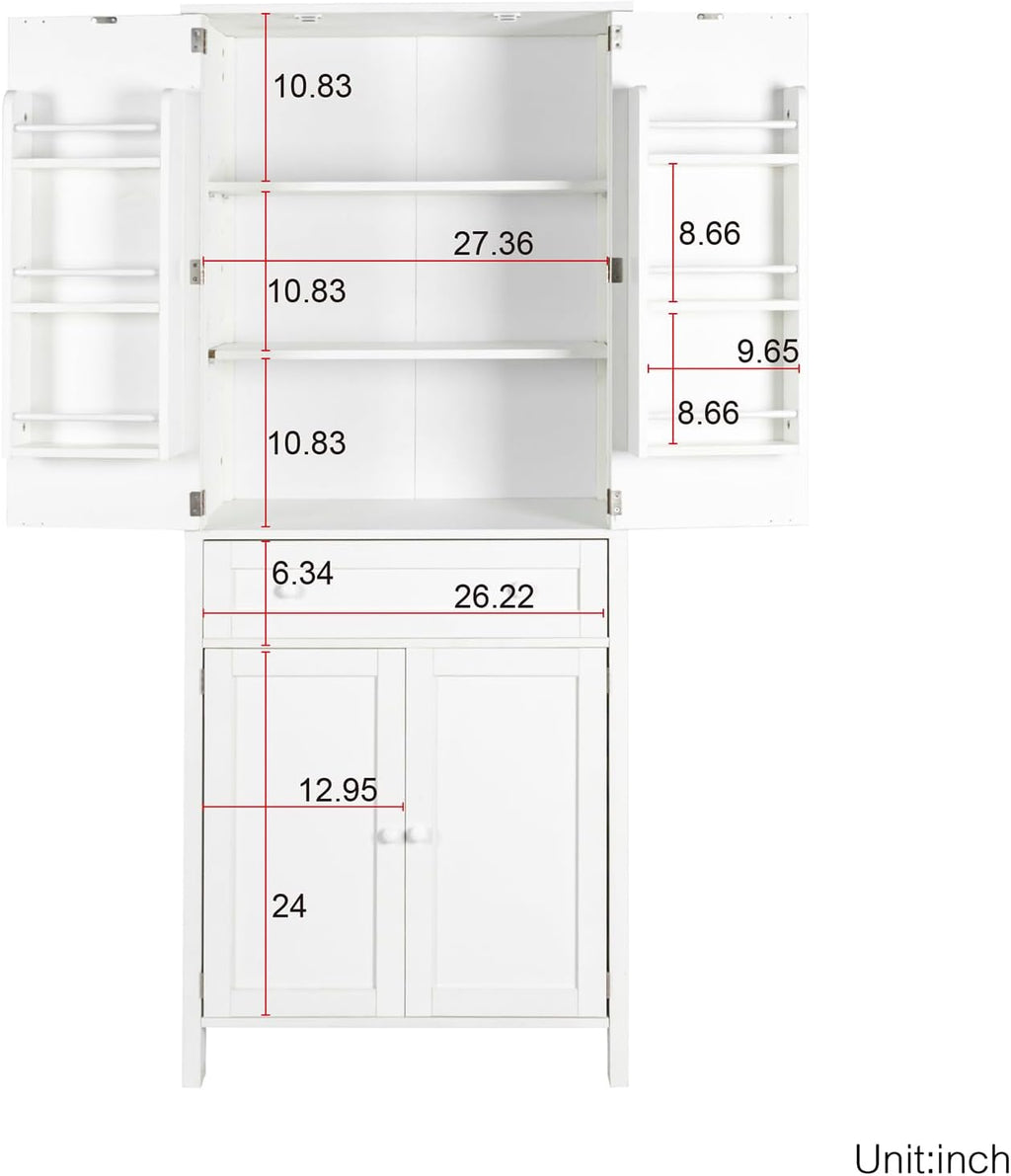 70.87" Tall Kitchen Pantry Storage Cabinet with 4 Doors and Drawer, White Wood Cupboard Locker with and Adjustable Shelves for Kitchen, Dining Room, Living Room, 29.53 inch