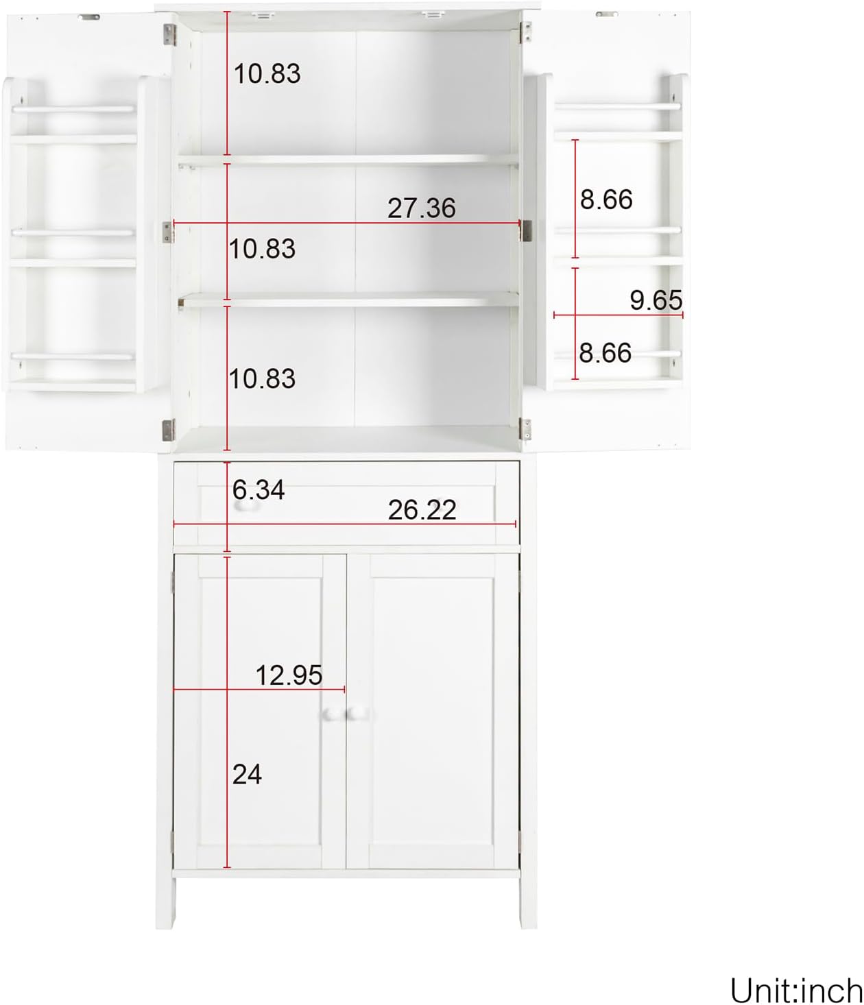 70.87" Tall Kitchen Pantry Storage Cabinet with 4 Doors and Drawer, White Wood Cupboard Locker with and Adjustable Shelves for Kitchen, Dining Room, Living Room, 29.53 inch