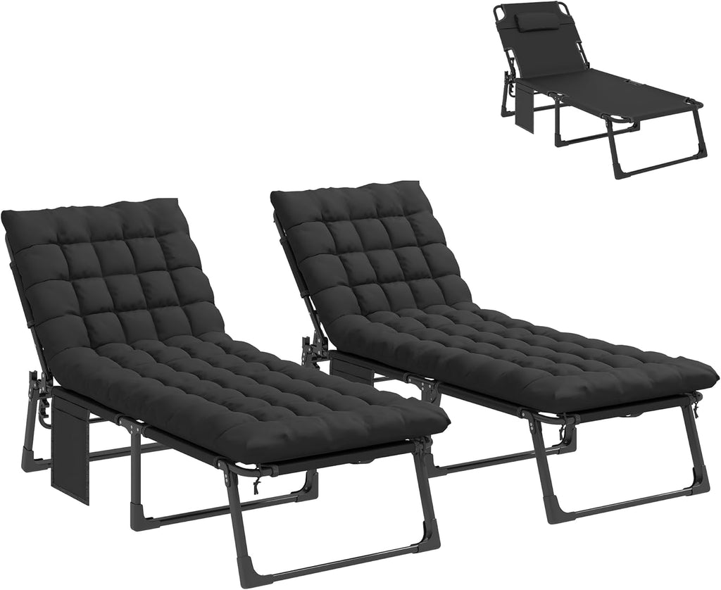 Outsunny Chaise Lounge Chair Outdoor Set of 2, 5-Position Reclining Pool Lounge Chairs with Cushions, Side Pocket, Headrest, Folding Lounger Tanning Chair Camping Cot for Patio, Beach, Black