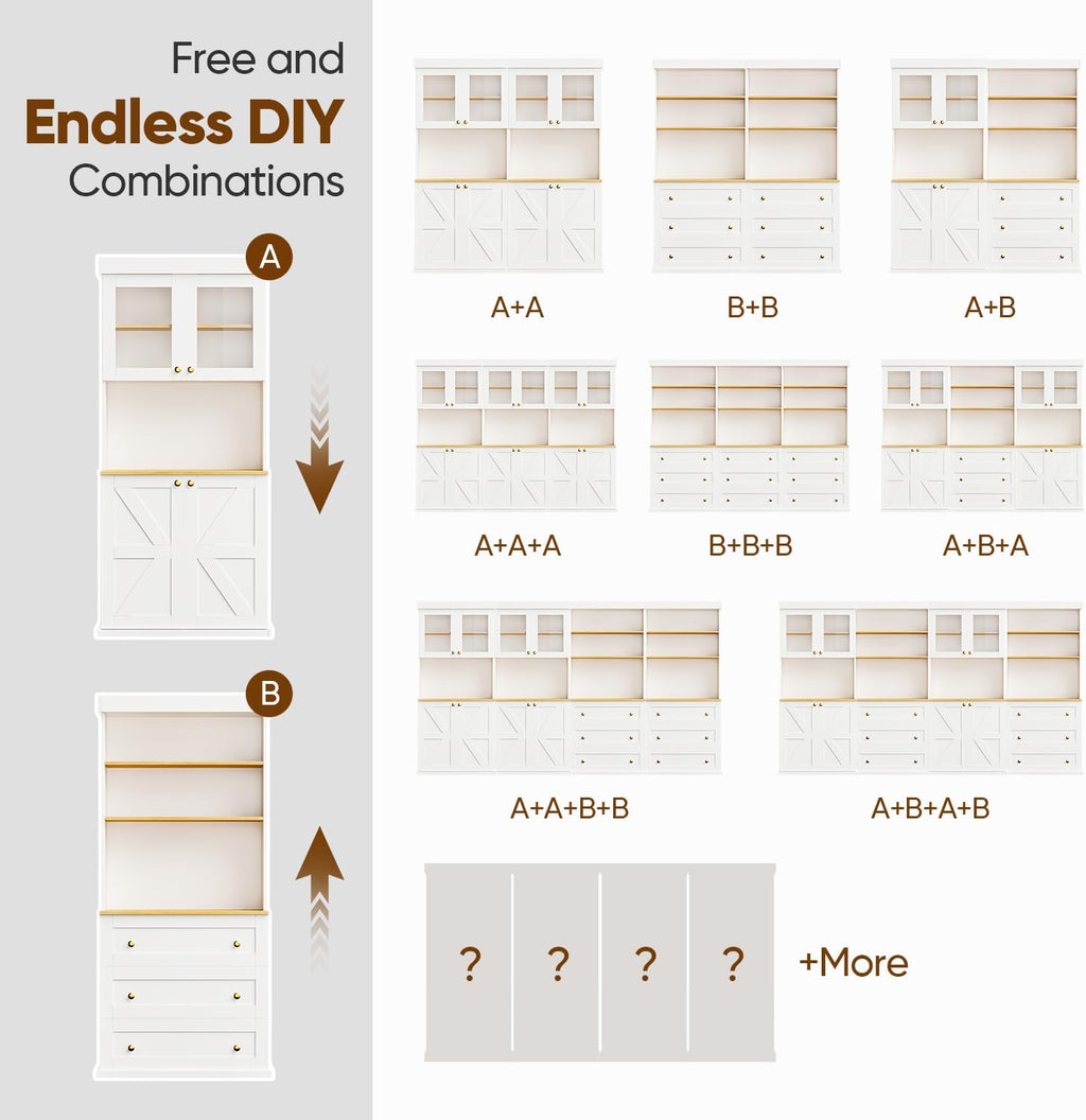 71" Tall Modular Farmhouse Bookcase with Drawers,Expandable Wooden Storage Cabinets for Home Office and Study Room，White