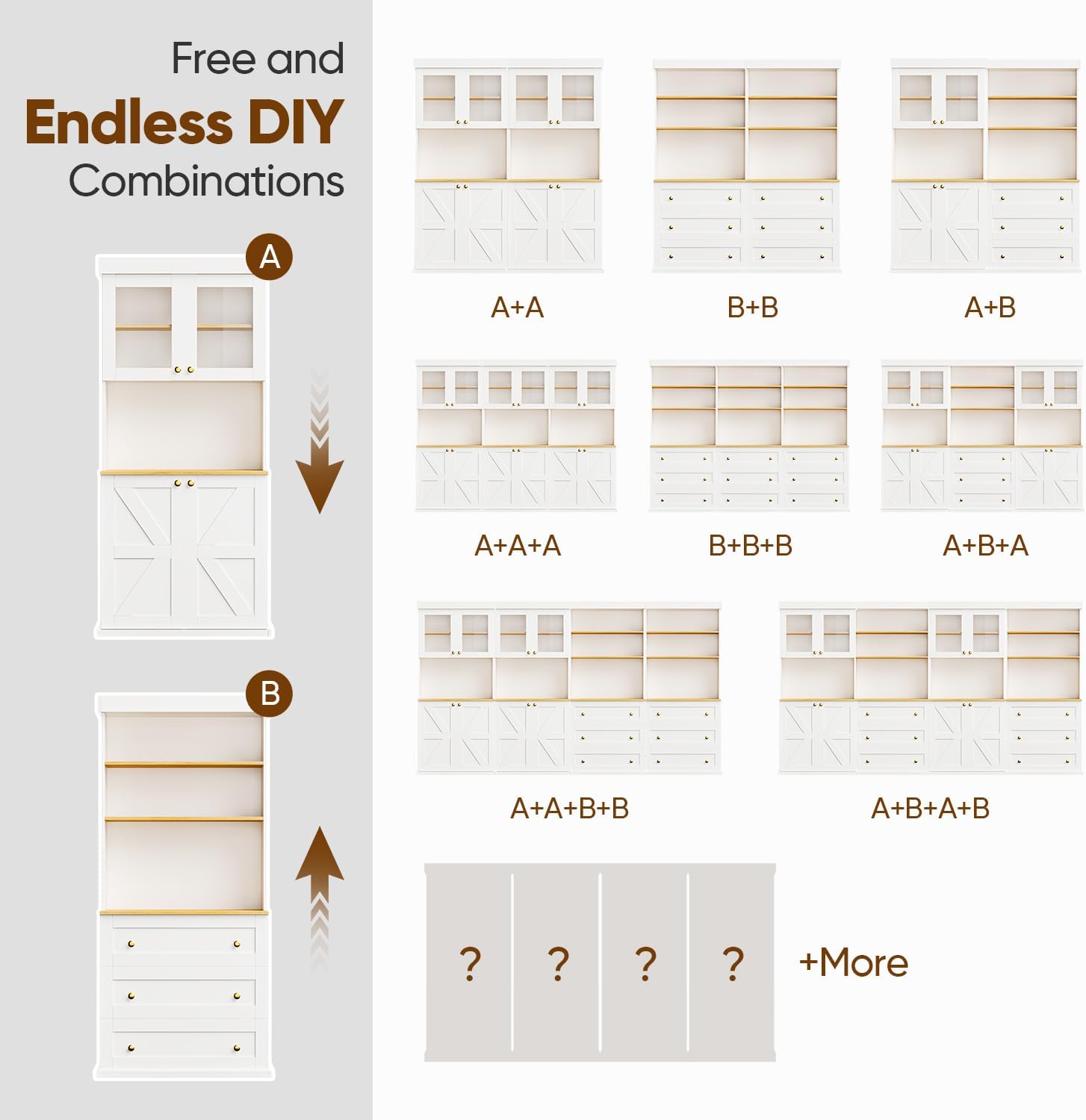 71" Tall Modular Farmhouse Bookcase with Drawers,Expandable Wooden Storage Cabinets for Home Office and Study Room，White