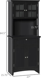 Kitchen Pantry Storage Cabinet with Framed Glass Door Drawer and Microwave Space, Black,for Kitchen