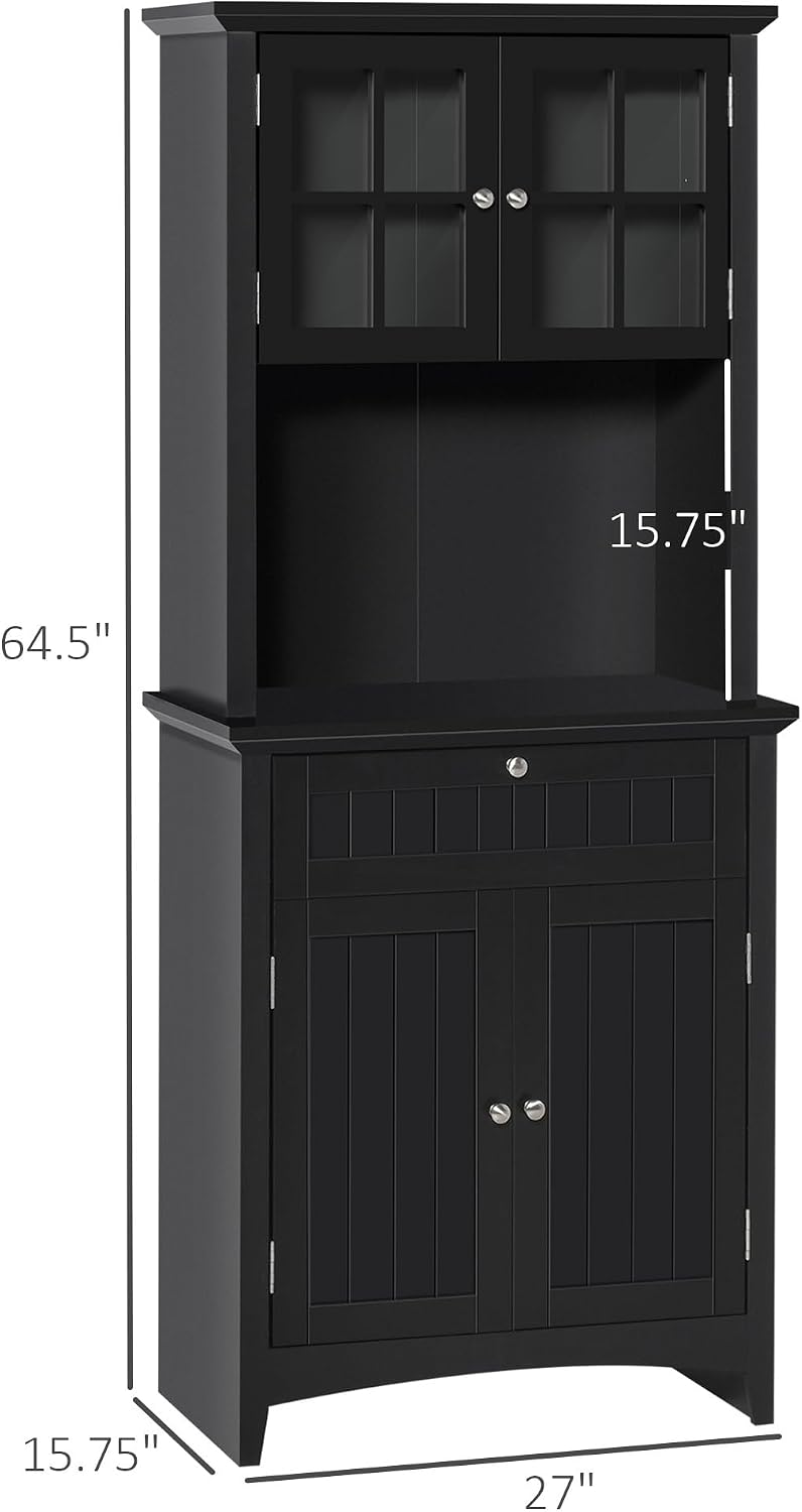 Kitchen Pantry Storage Cabinet with Framed Glass Door Drawer and Microwave Space, Black,for Kitchen