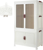 Portable Plastic Wardrobe Closet, Foldable Storage Bins for Clothes, Storage Organizers with Lid and Doors, Stackable Closet Wardrobe with 10 Hangers, White
