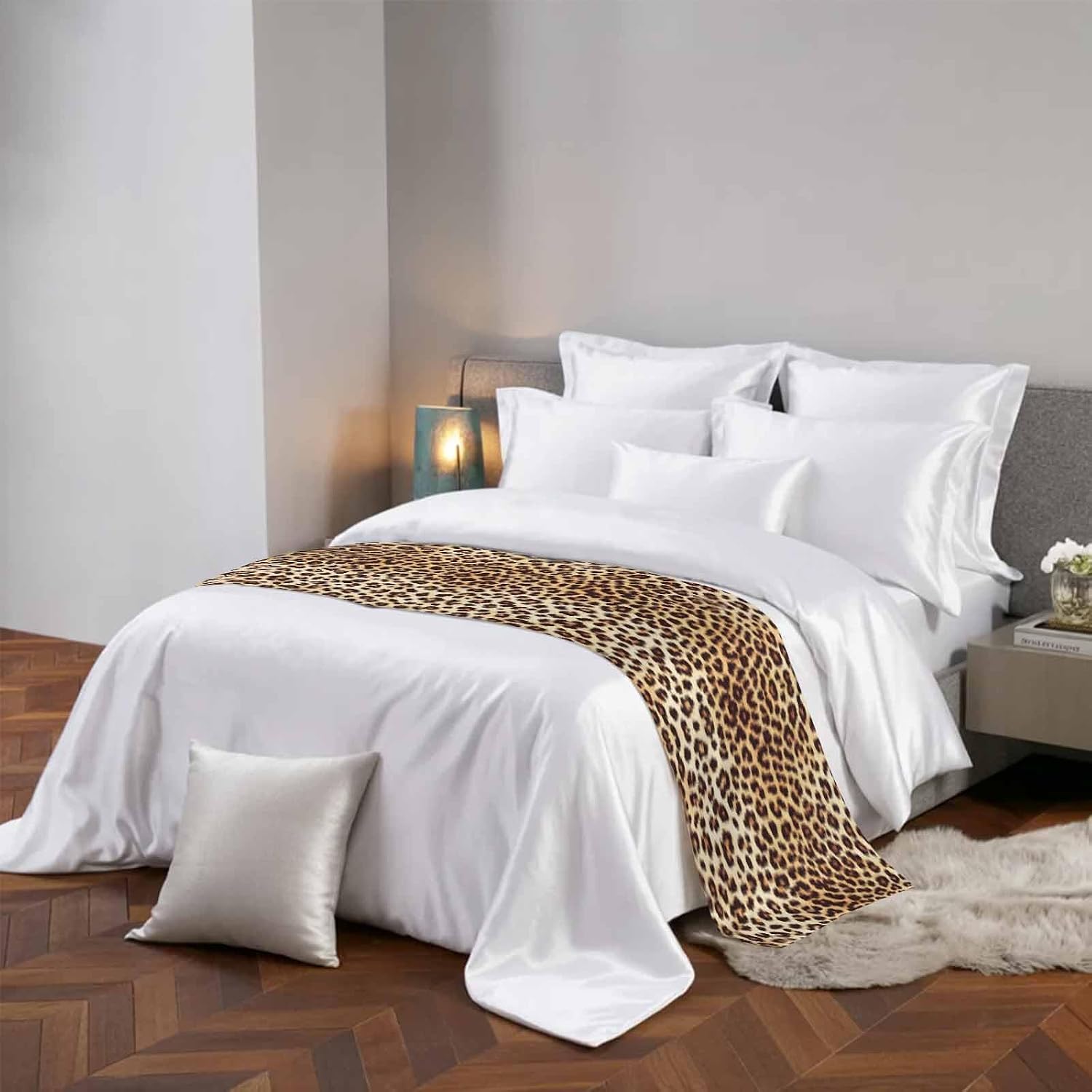 Farmhouse Brown Tan Leopard Print Bed Runners for Bedroom Hotel,Decorative Bedding Scarf Abstract Wild Animal Texture Bed End Blanket Bedding Runner Scarves for California King Size Beds,102x20in