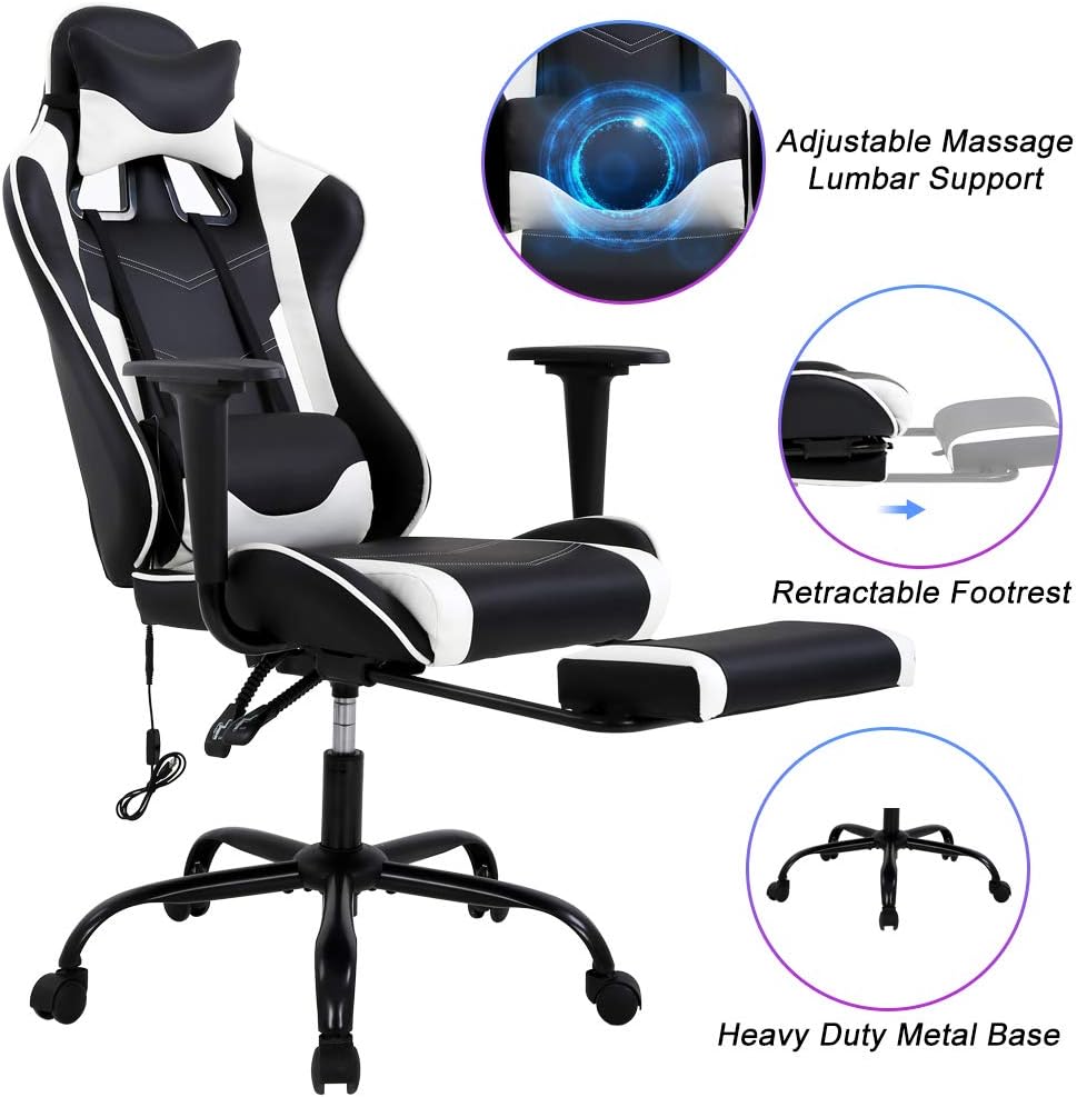 PC Gaming Chair Ergonomic Racing Office Chair Video Game Chair, Massage Function Lumbar Support with Arms Footrest & Headrest Nice Chic Desk Chair, Adjustable Home Office Chair - White