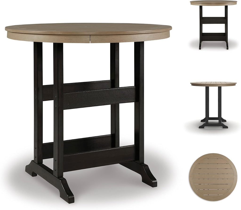 Signature Design by Ashley Fairen Trail Outdoor Bar Table, Durable Weather Resistant HDPE, with Umbrella Hole for Patio Dining, Black and Driftwood, 46 Inch Round