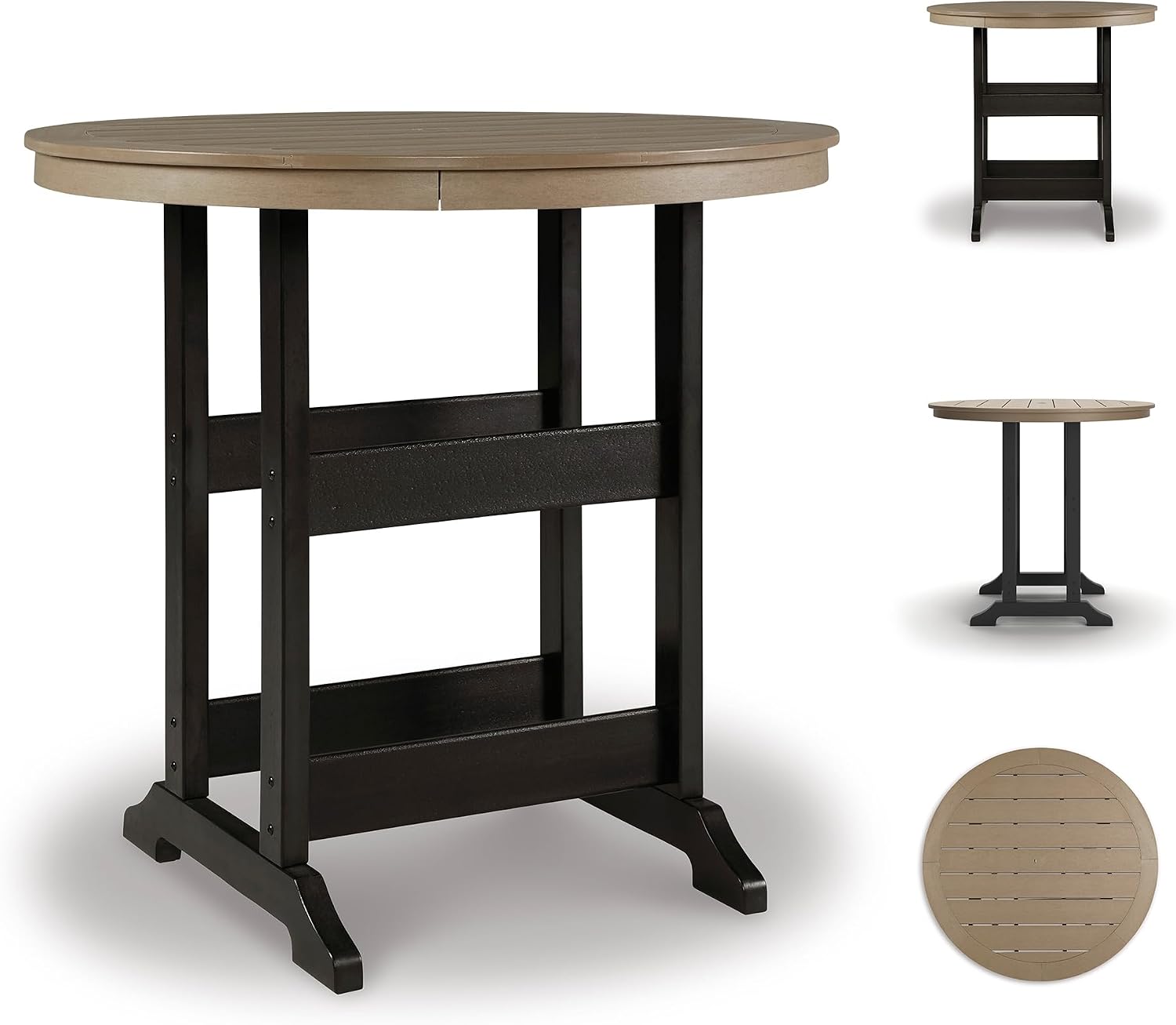 Signature Design by Ashley Fairen Trail Outdoor Bar Table, Durable Weather Resistant HDPE, with Umbrella Hole for Patio Dining, Black and Driftwood, 46 Inch Round