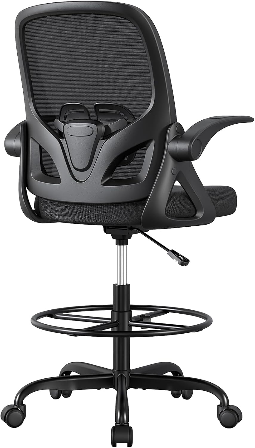 ORRSAKER Drafting Chair, Tall Office Chair with Flip-up Arms, Mesh Ergonomic Computer Standing Desk Chair with Adjustable Height Foot Ring and Lumbar Support, 300 LBS Capacity, Black