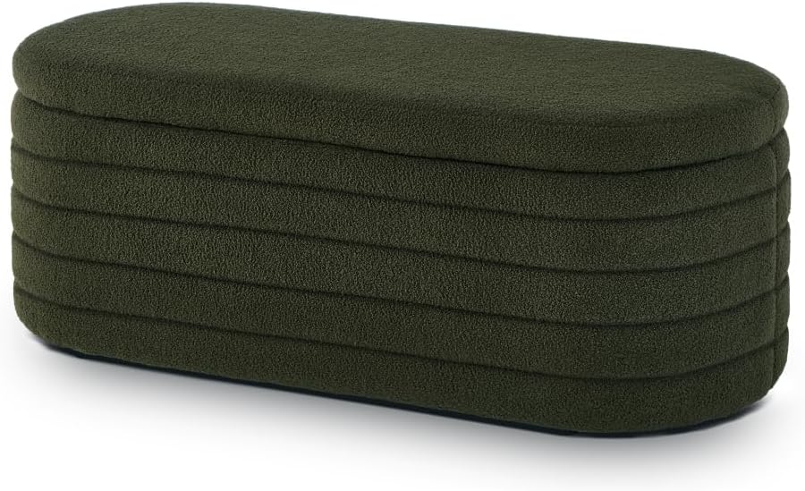 Modern Oval Storage Ottoman Bench, Upholstered Boucle Teddy Fabric End of Bed Bench with Storage, End of Bed Stool with Safety Hinge for Bedroom, Living Room, Entryway, White (Dark Green)
