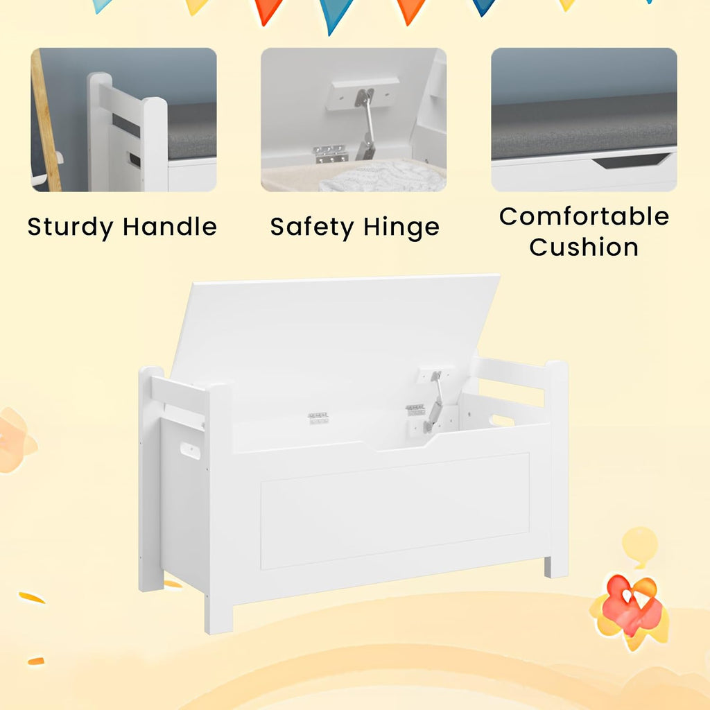 White Toy Storage Bench with Cushion Seat & Bookshelf, Multi-Functional Kids Toy Box Organizer, Flip-Top Lid & Safety Hinge, Large Storage Cabinet for Playroom, Nursery