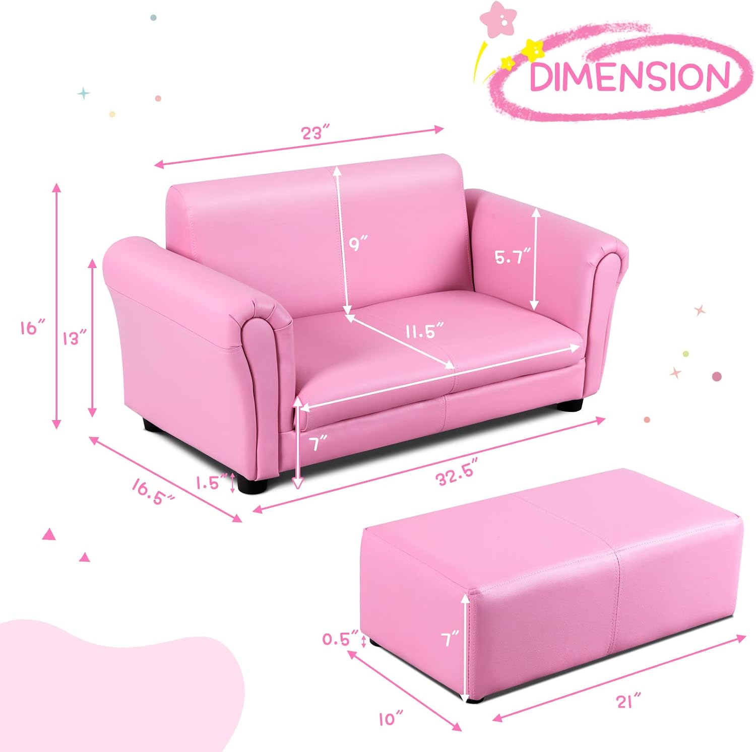 INFANS 2 Seat Children Sofa with Footstool, Sturdy Wood Construction, Armrest Couch for Preschool Kids, Kid Couch Lounge Bed with Ottoman