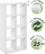Furinno Cubicle Book Shelf, 8-Cube Bookshelf, Extra Thick Frame Horizontally & Vertically Reversible Bookcase with Open Back, 14.6 x 30 x 58, for Living Room, Bedroom, Home Office, Plain White