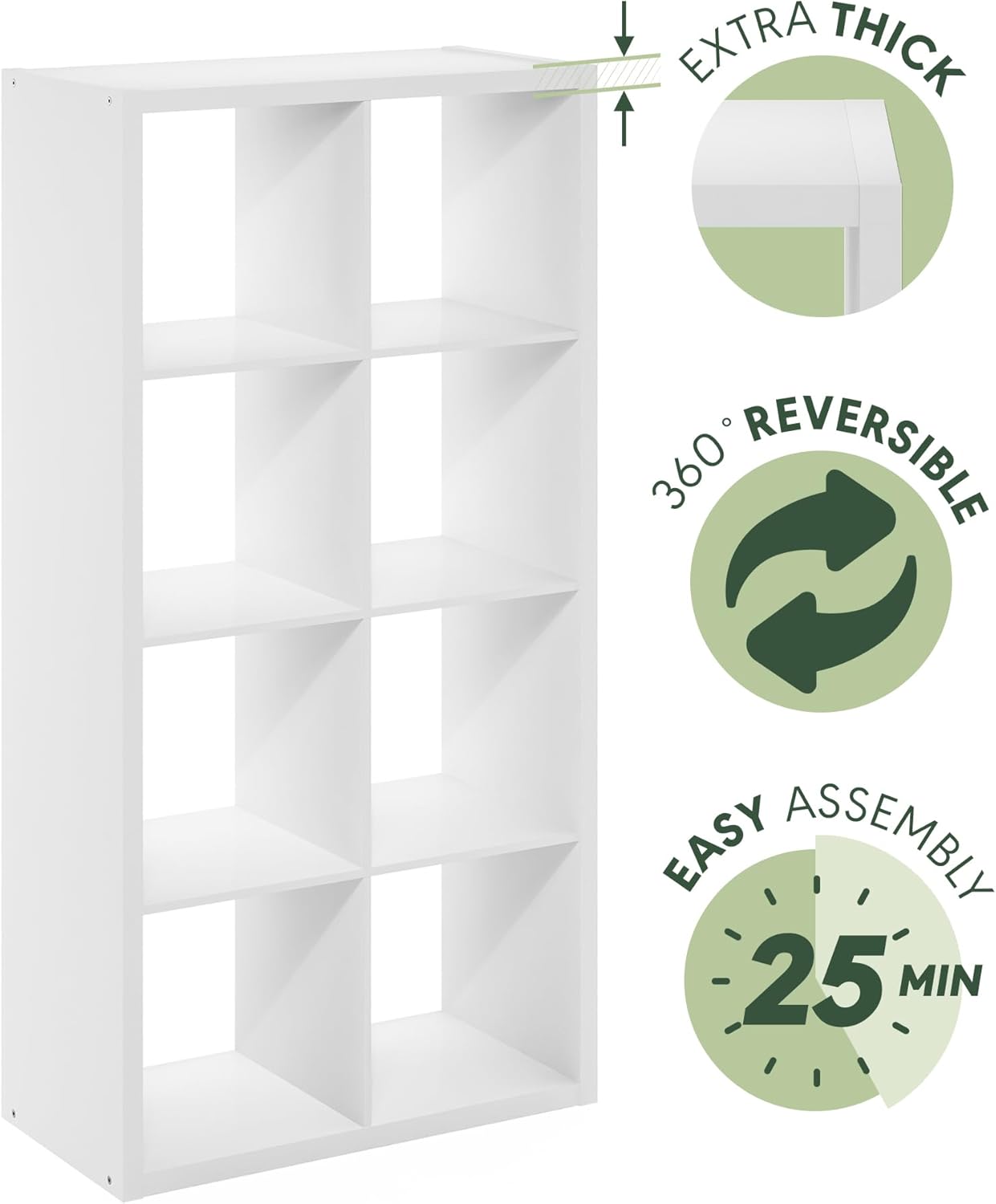 Furinno Cubicle Book Shelf, 8-Cube Bookshelf, Extra Thick Frame Horizontally & Vertically Reversible Bookcase with Open Back, 14.6 x 30 x 58, for Living Room, Bedroom, Home Office, Plain White