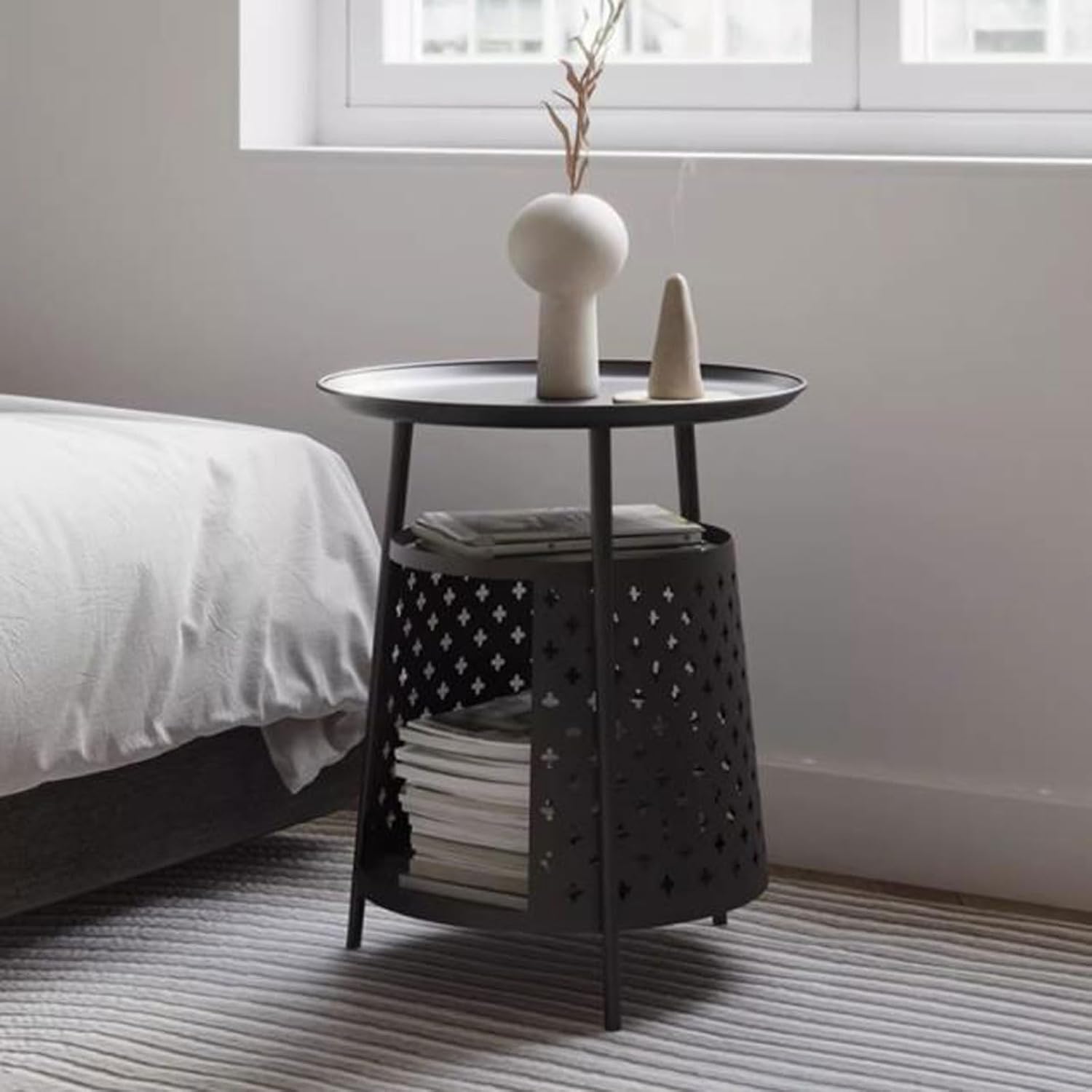 Sofa Side Round Side Table End with Cat House, Condo, Indoor Furniture Kitten, Small Coffee Nightstand with Storage, Living Room Sofa Bedside with Bed(White)