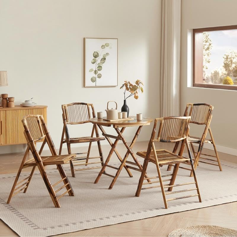 Vintage Bamboo Rattan Folding Dinging Chair - Portable Lightweight Retro Seat for Indoor, Outdoor, Patio, Wedding, Office, and Events (1, Brown, Oversized)