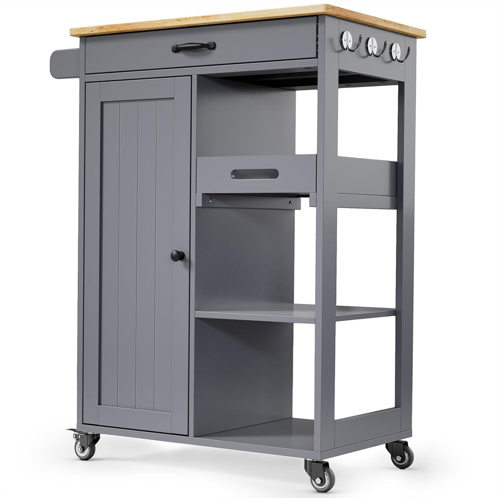 Gizoon Kitchen Cart, Rolling Kitchen Island Cart | Drawer, 22.8''W Countertop, Adjustable Shelve, Door, 4 Wheel, 3 Hook, Towel Rack, Multifunctional Storage Trolley, Grey