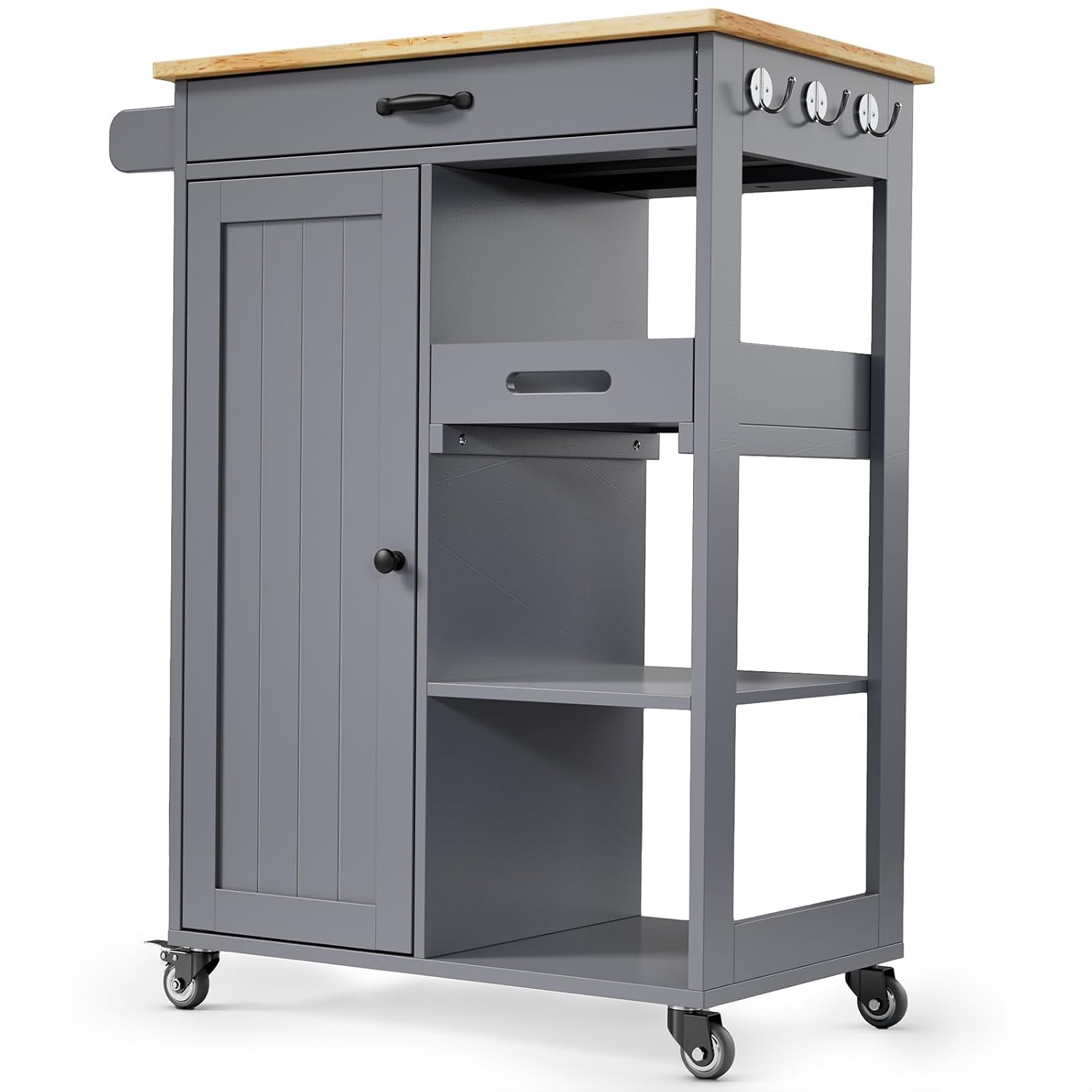 Gizoon Kitchen Cart, Rolling Kitchen Island Cart | Drawer, 22.8''W Countertop, Adjustable Shelve, Door, 4 Wheel, 3 Hook, Towel Rack, Multifunctional Storage Trolley, Grey