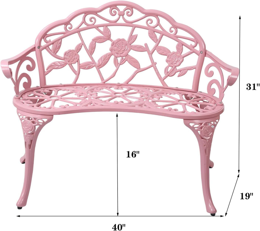 Cast Aluminium Outdoor Bench, Rose Garden Bench for Patio,Park,Lawn,Yard (Pink)