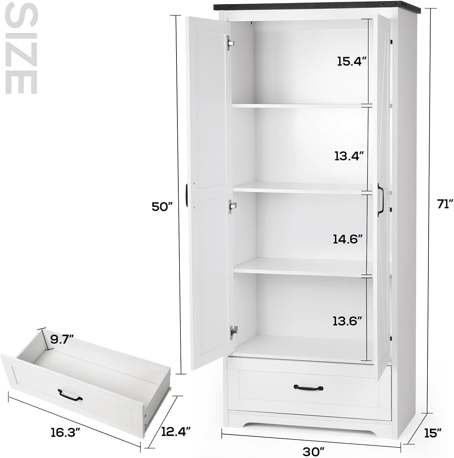 VOWNER 71" Tall Kitchen Pantry with Adjustable Shelves, Large Wood Storage Cabinet with Drawer & 2 Barn Doors, Versatile Modern Farmhouse Storage Cabinet for Kitchen, Dining Room, Living Room, White