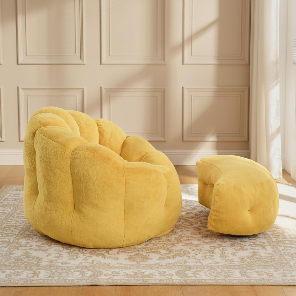 Flower Bean Bag Chair with Ottoman, Comfy Fuax Fur Beanbag for Adults & Teens, Fluffy Plush Floor Lazy Sofa for Bedroom, Living Room, Reading Nook, Yellow