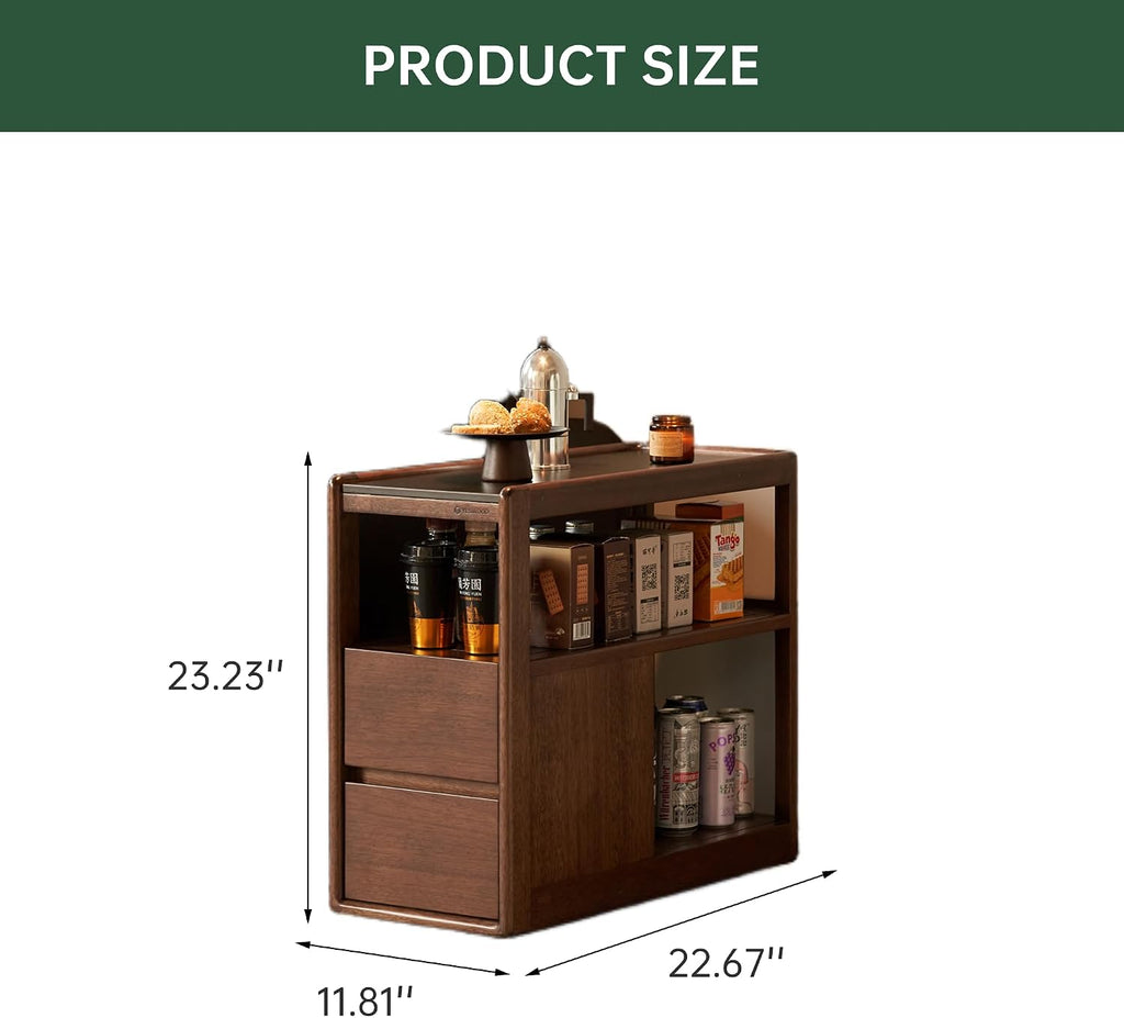 Solid Wood End Table with Storage Drawers, Narrow Side Table for Couch | 2 drawers, hidden wheels and slim design make this narrow side table perfect for couches, bedrooms and small spaces.