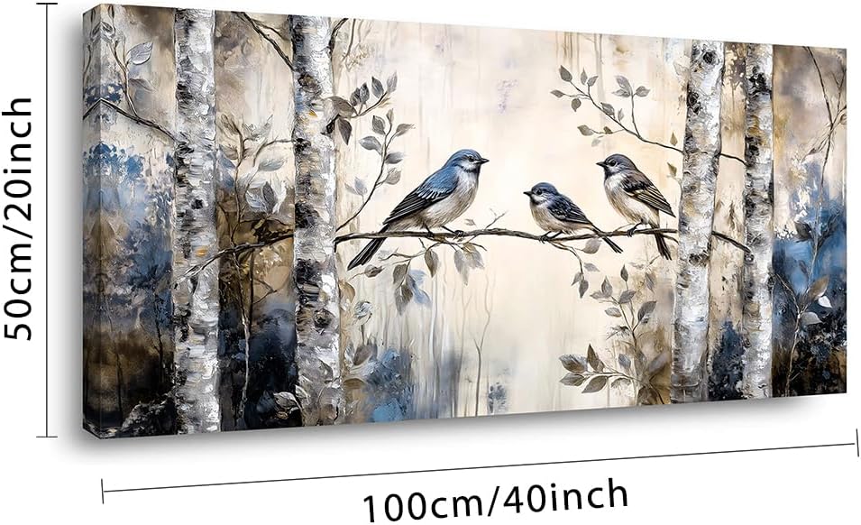 Ggaafet Beige Sparrow Bird Wall Art Decor for Bedroom Cute Chickadee Birds Canvas Pictures Birch Tree Woods Painting Prints Deco Wildlife Artwork
