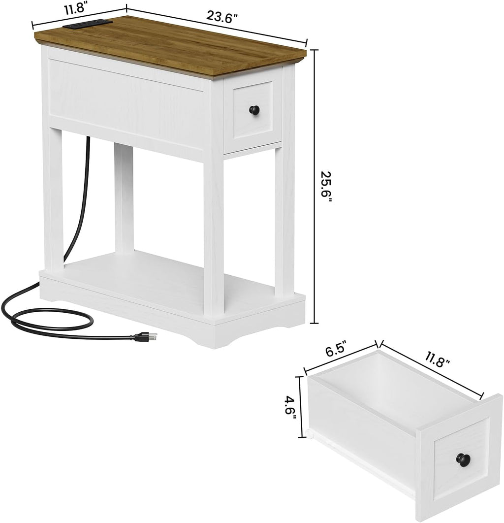 Side Table Set of 2, Side Table with Storage, Farmhouse End Table, Thicken Base, Nightstand with Charging Station, for Living Room, Bedroom, Rustic Brown and White