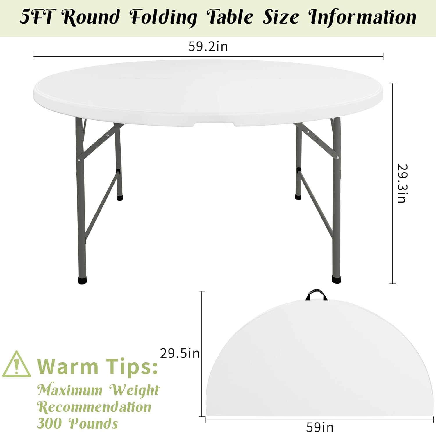 Fivenl 5 FT Round Folding Tables White Foldable Table, Fold-in-Half with Carrying Handle Portable Plastic Table for Party, Dining, Wedding, Camping, Picnic, Indoor Outdoor Events