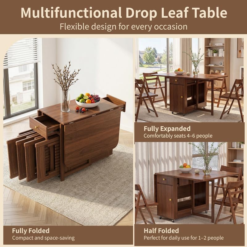 Folding Dining Table - 59" Ready Assembled Space-Saving Drop Leaf Table with Storage & 4 Lockable Wheels for Dining Room, Kitchen (Walnut)
