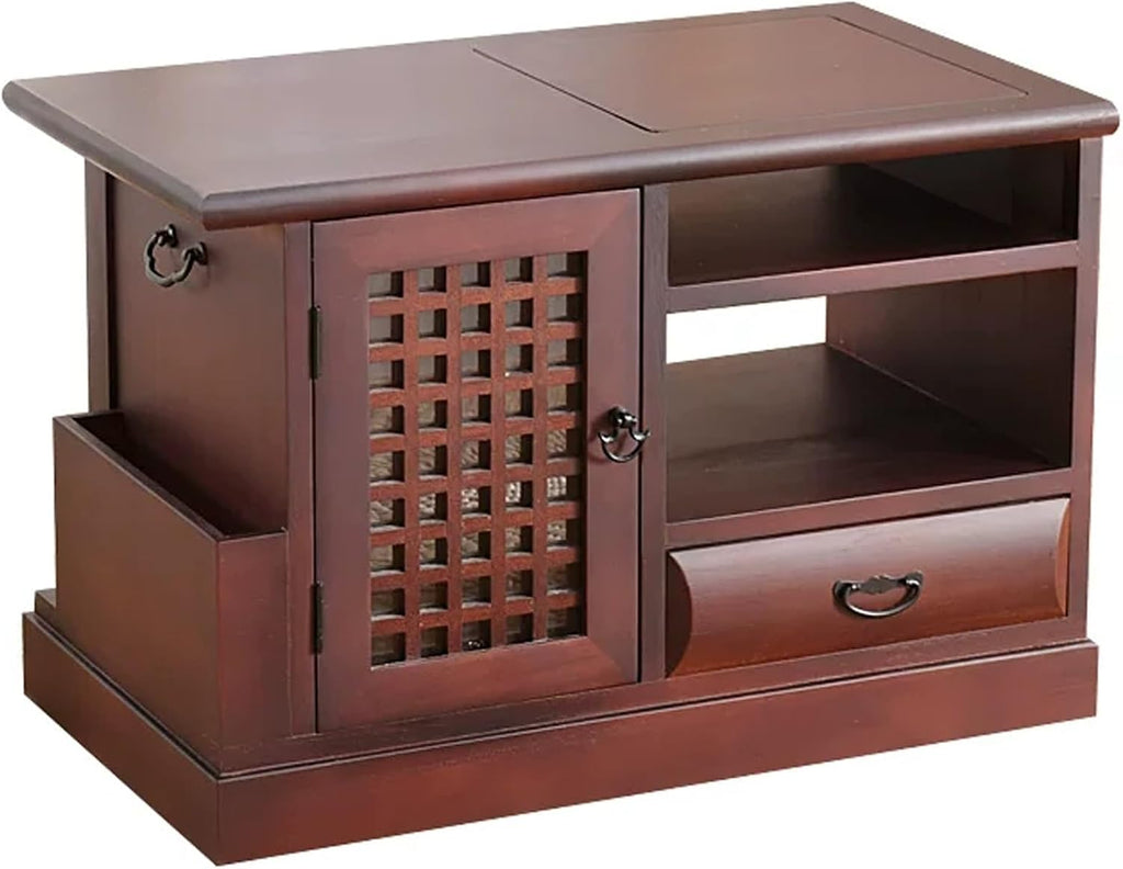 Japanese Tea Cabinet Floor Table, Paulownia Wood Side Table with Tray and Storage, 22x12x15in, for Tea Brewing, Living Room, Tea Room