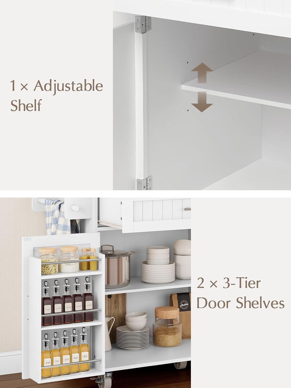 OtterOasis Kitchen Island with Storage, 43.3" Rolling Kitchen Island Cart on Wheels with Wide Drop Leaf Rubberwood Top, Large Mobile Island Table with Trash Can Storage and Towel Bar, White