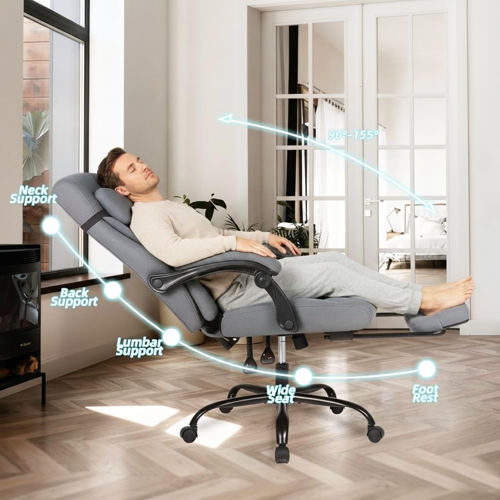 Linen Fabric Gaming Chair with Footrest, Ergonomic Computer Chair with Headrest and Lumbar Support, Height Adjustable 360° Swivel Reclining Chair with Backrest 90° -120° -155° (Grey)