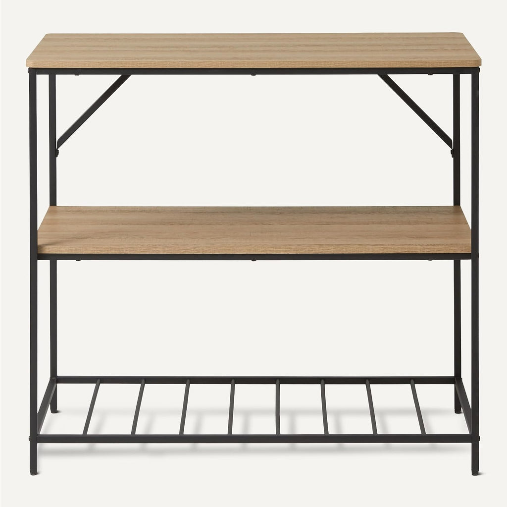 Amazon Basics Kitchen Island with 3 Storage Shelves, Black and Oak Effect, Melamine Surface, Adjustable Feet