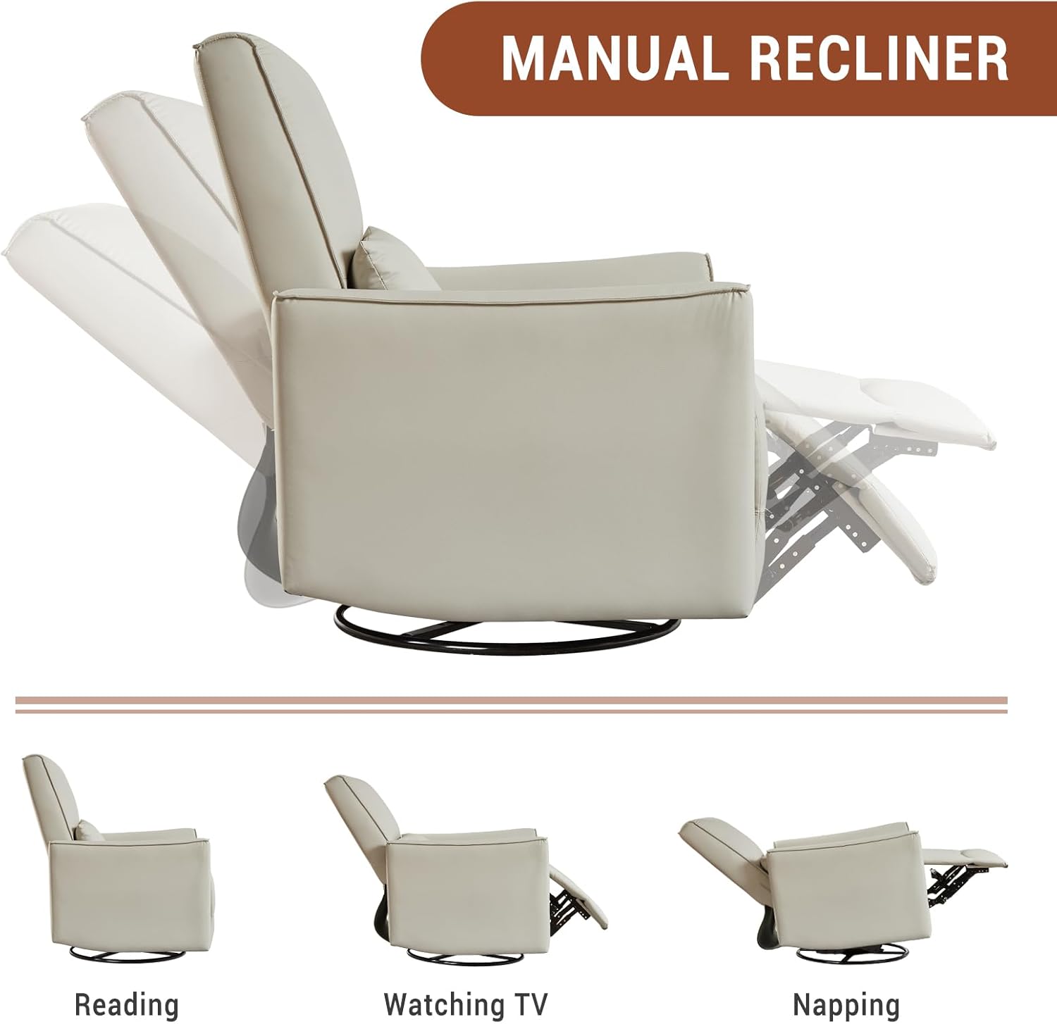 Jojoka Swivel Rocking Recliner Chair, Manual PU Leather Glider Recliner with Lumbar Support, Padded Armrest, High Weight Capacity Single Rocker Sofa for Nursery Living Room Bedroom