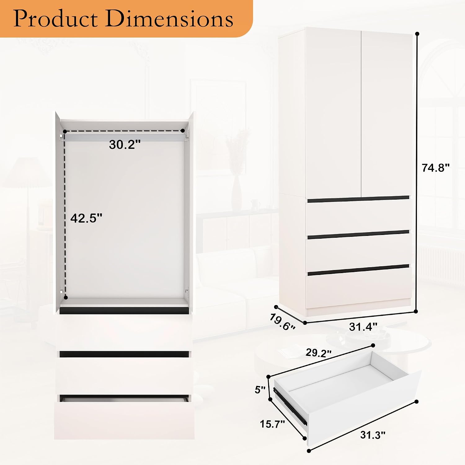 Armoire Wardrobe Closet with Drawers：75" Large White Wardrobe Closet Cabinet with 6 Doors for Hanging Clothes, Modern Wooden Bedroom Armoires with 5 Drawers and Storage (A+B+C, 94.5")