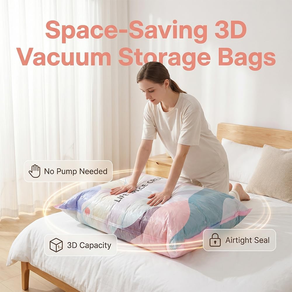 No-Pump Vacuum Storage Bags, Cube Compression Space Saver Bags, Upgrade Large Storage Compression Bags Press & Seal, For Clothes,Bedding Comforters, Blankets (5PCS, Large)