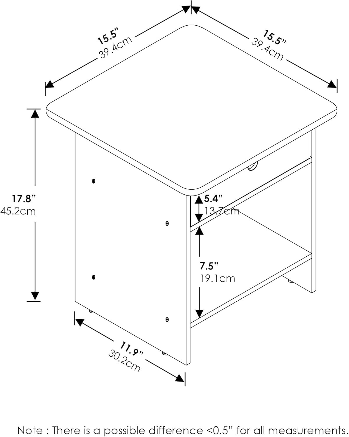 Square End Table with Storage Bin, Bedside Table with Open Back Shelf, Round Corner Night Stand, Side Table, for Bedroom, Living Room, Dark Walnut