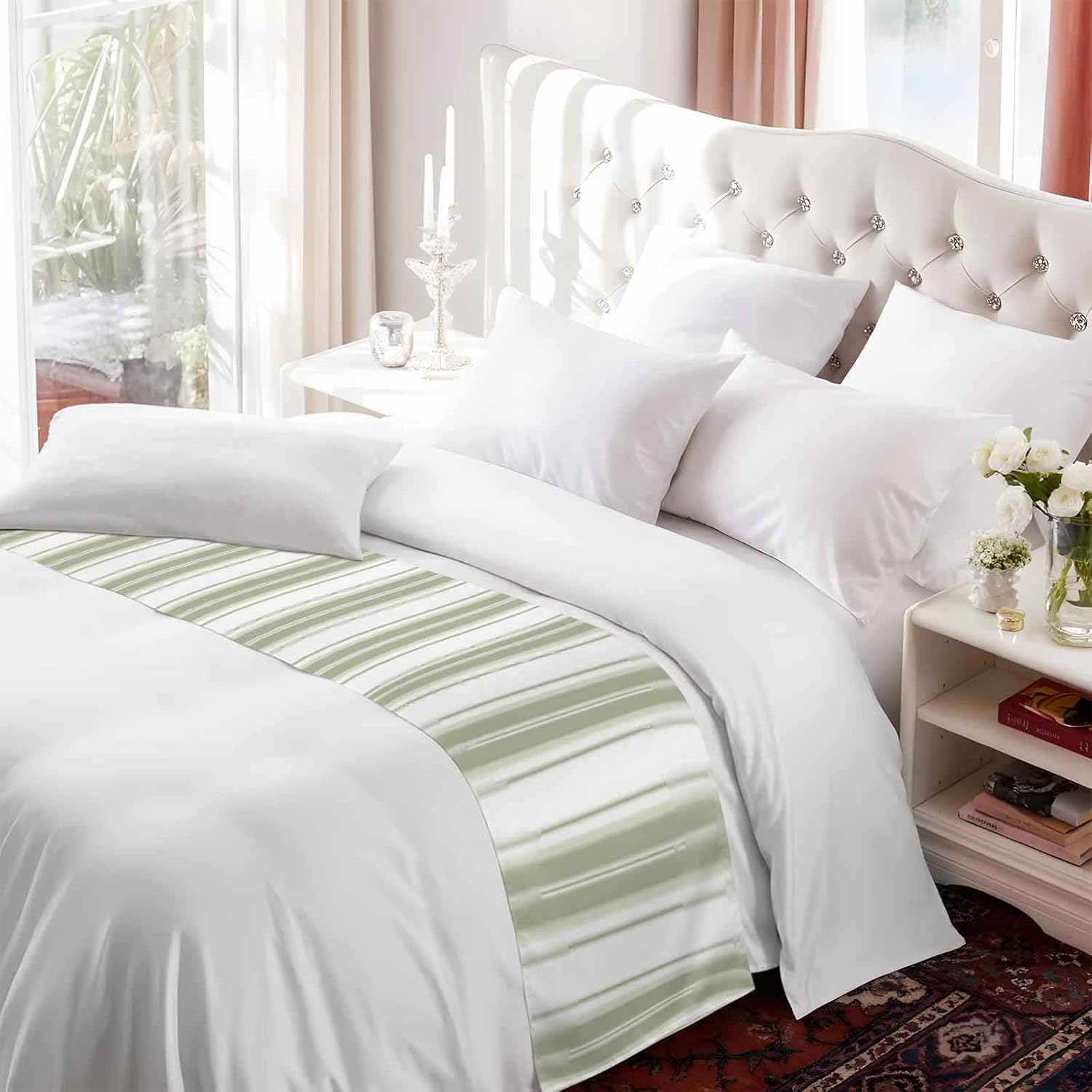 Sage Green Striped Bed Runner Scarf King Size, Modern Thin Line Vertical Stripes Luxury Bed Throw Runners & Scarves for Twin Full Queen King Foot of Beds, Bedroom Hotel Decoration, 94"x20"