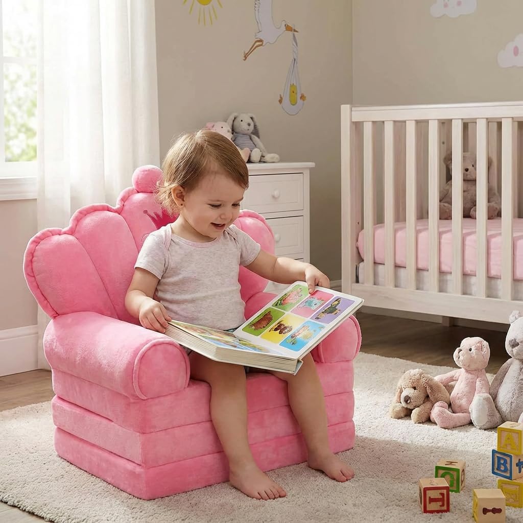 Pink Princess Toddler Couch, 2-in-1 Foldable Sofa Bed & Chair for Kids 1-5, Space-Saving for Small Rooms, Fits Multiple Spaces, Flexible Layout, Comfy Crystal Velvet, Playroom Gift