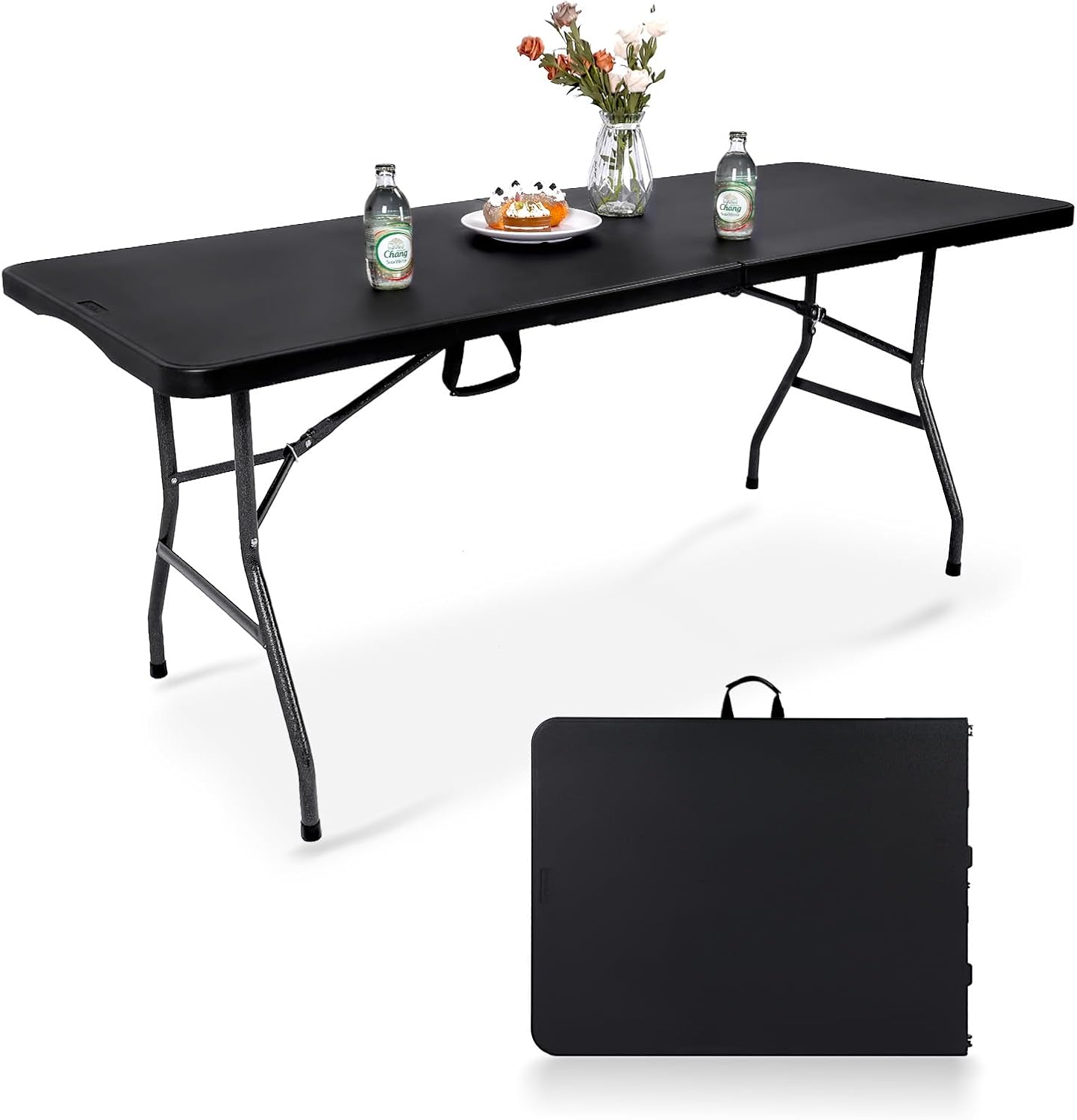 pollilar Folding Table 6FT Heavy Duty Portable Plastic Foldable Table Black | 6 Foot Fold-in-Half Utility Desk for Outdoor Camping Party Dining Wedding Events Picnic Indoor Working Meeting Banquet BBQ