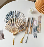 1pc Folding Hand Fan Set With Tassel, Chinese Ink Painting Handheld Fan, Portable Fan for Summer Cooling, Decorative Fan for Dance, Wedding Stage Props 11in*8.85in,Gray