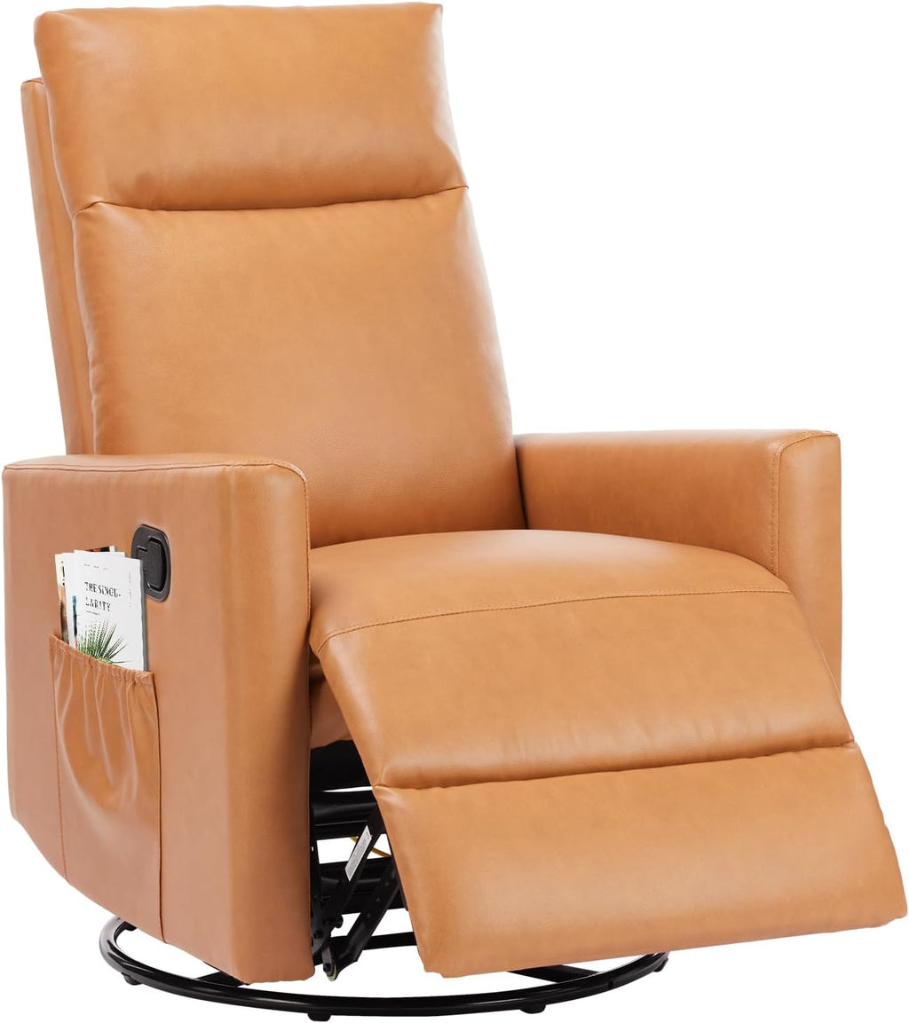 Swivel Rocker Recliner Chair, 360 Degree Glider with High Backrest & Padded Armrests, Manual Rocking Recliner for Nursery, Living Room, Bedroom, Small Spaces, Brown-v