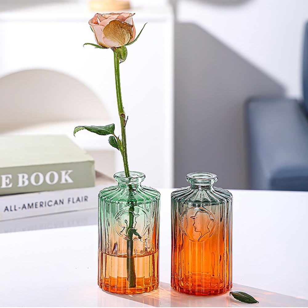 Glass Bud Vases Set of 5, Decorative Glass Bottles, Retro Gradient Color | Mini Vases for Tabletop Centrepiece Decor, Wedding Party Reception, Home Dining, Cafe, Restaurant(Orange to Green)
