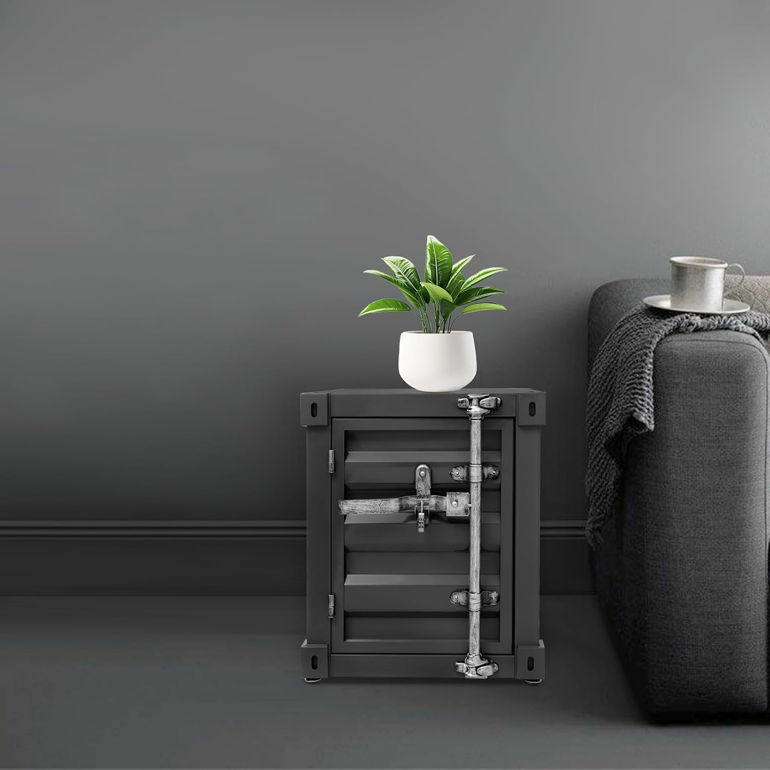 Industrial Side Table with Lock, Shipping Container Design Metal End Table, Small Storage Cabinet Side Table Storage Cabinet for Living Room, Bedroom, Office, 40x40x50cm (Black)