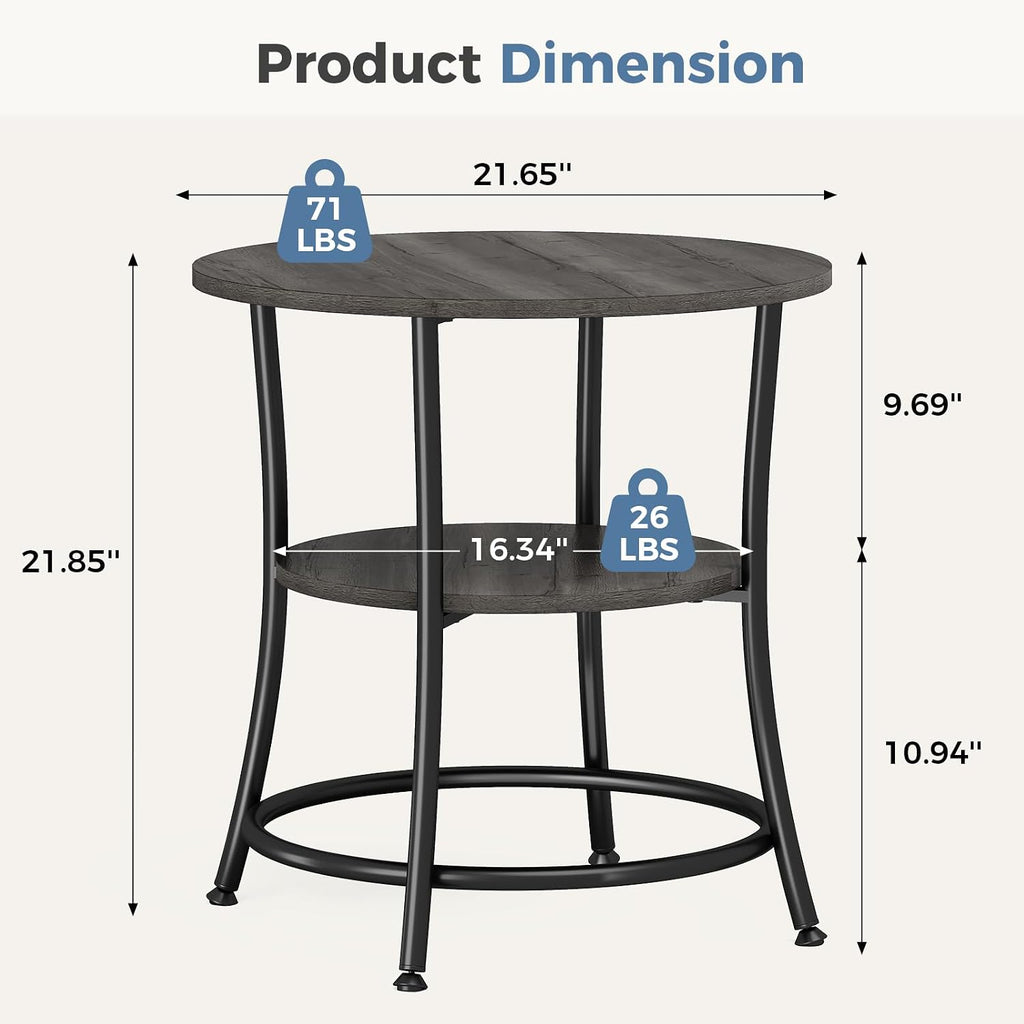 OLIXIS 21.85-Inch Round End Table, 2-Tier Side Round Table for Living Room, Accent Table with Storage Shelf, Sturdy Metal Frame Nightstand for Small Space, Round Bedside, Grey Wood Grain