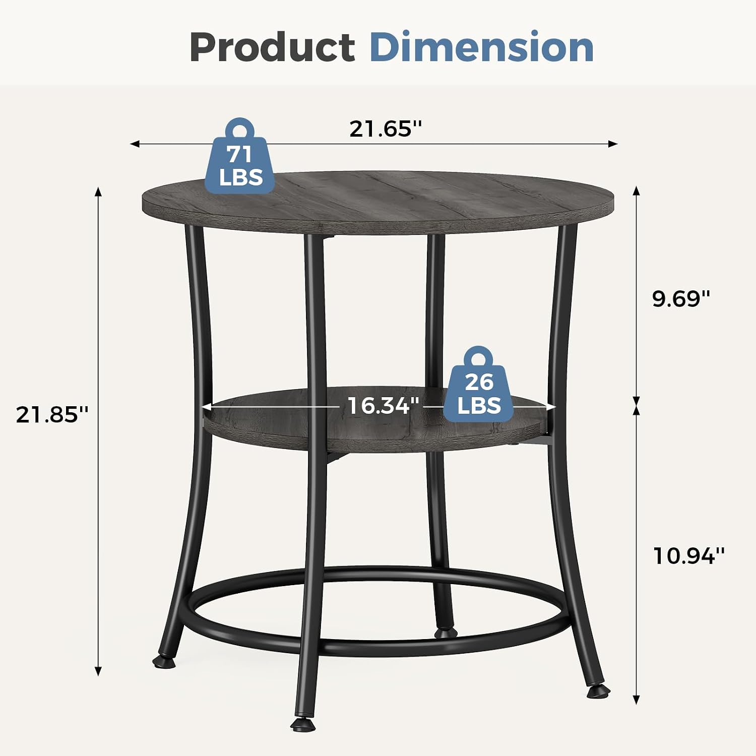 OLIXIS 21.85-Inch Round End Table, 2-Tier Side Round Table for Living Room, Accent Table with Storage Shelf, Sturdy Metal Frame Nightstand for Small Space, Round Bedside, Grey Wood Grain